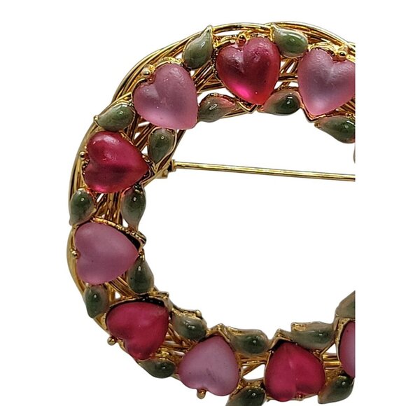 Heart & Leaf Brooch Gold Tone Twisted Wire Wreath Pink & Red Glass Rhinestones - Picture 6 of 9